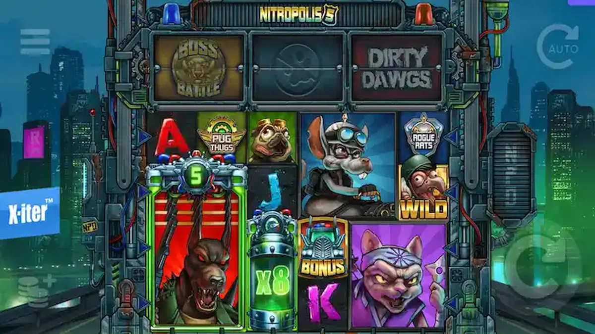 Tampilan visual intens dari slot Nitropolis 5 dengan tema pertempuran klan hewan.