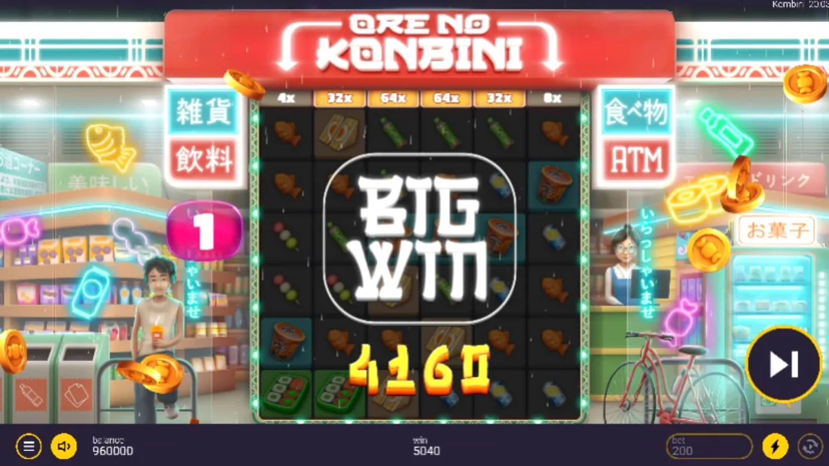 Tampilan visual neon dari slot Ore No Konbini dengan latar belakang minimarket Jepang