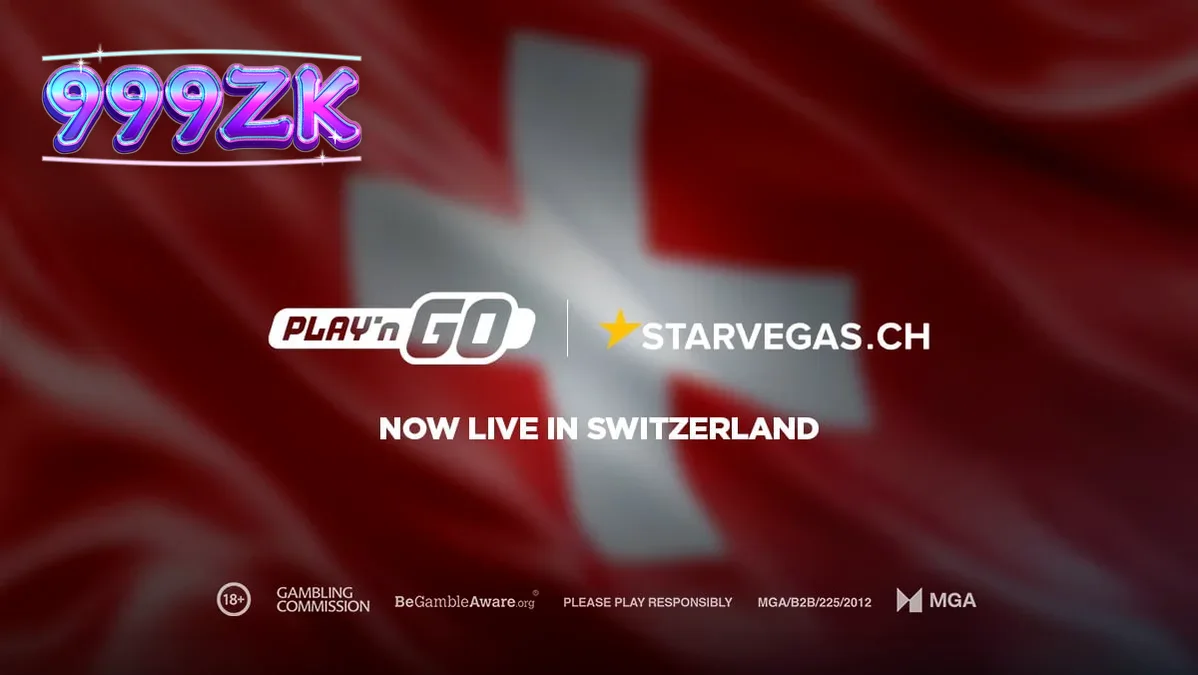 Ilustrasi logo Play'n GO dan StarVegas.ch dengan latar belakang kasino yang berkilauan.